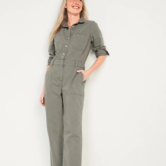 Long-Sleeve Cropped Jean Utility Jumpsuit for Women (GREEN) - Picture 11 of 15